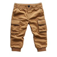 Durable Kids Cargo Trousers with Buttoned Flap Pockets, Elastic Waistband, and Rugged Design on Transparent Background png