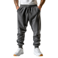 Young Man Showcasing Trendy Gray Jogger Pants with Side Pockets and Relaxed Fit Isolated on Transparent Background png
