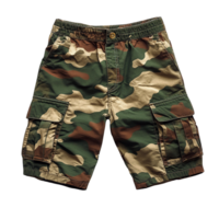Trendy Outdoor Adventure Cargo Shorts with Camo Print, Durable Fabric, and Practical Storage Pockets Isolated on Transparent Background png