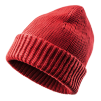 Vibrant Red Knitted Winter Beanie Hat with Ribbed Fold-Up Cuff on Transparent Background png