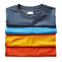 Neatly Folded Stack of Colorful Cotton T-Shirts in Navy Blue, Bright Blue, Yellow and Orange Arranged in Descending Order on Transparent Background png