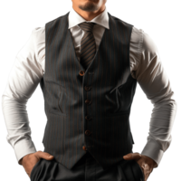 Closeup of Businessman in Charcoal Grey Pinstripe Waistcoat with Copper Stripes, Matching Tie and White Dress Shirt with Hands in Pockets Against Transparent Background png