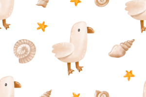 Summer pattern with seagull and shell. Hand drawn summer beach vacation. Seamless pattern, endles sumertime background png