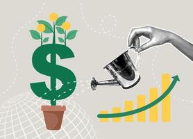 Trendy halftone collage. Increasing Your Wealth, Investing and Financial Growth. The concept of money growth, investment growth, asset concepts, savings returns vector