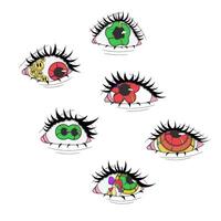 A set of 6 psychedelic eyes of different colors, psychedelic stickers, eyes with mushrooms inside, eyes with emoticons, crazy pictures vector