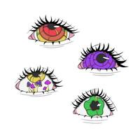 A set of 4 psychedelic eyes of different colors, psychedelic stickers, eyes with mushrooms inside, crazy picture vector