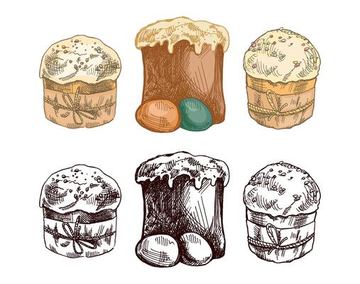 Hand drawn colored and black vintage sketch of Easter cakes with eggs