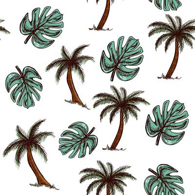 Hand drawn vintage sketch palm tree and tropical leaf seamless pattern.
