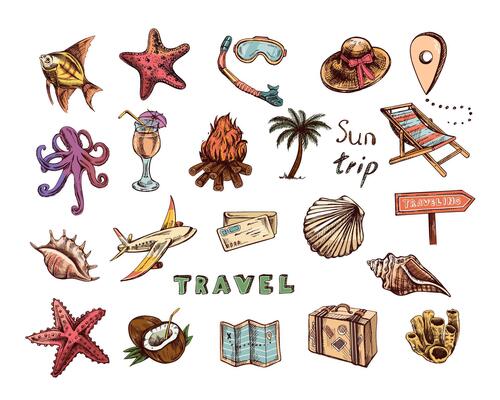 Hand drawn sketch set of vintage travel icons. Tourism and camping adventure icons. Travelling elements, transport, map, palm, seashells.