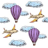 Hand drawn sketch seamless pattern of balloon, airplane and clouds in vintage style. vector
