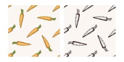 Hand drawn vintage colored and black seamless pattern of rustic carrots vector
