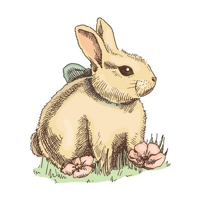 Hand-drawn vintage sketch of bunny. Easter Holiday. illustration. Rabbit with a bow in grass and flowers. Vintage element.