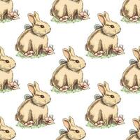 Hand-drawn sketch vintage seamless pattern of bunny. Easter Holiday. illustration. Rabbit with a bow in grass and flowers. Vintage element. vector