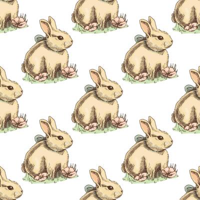 Hand-drawn sketch vintage seamless pattern of bunny. Easter Holiday. illustration. Rabbit with a bow in grass and flowers. Vintage element.