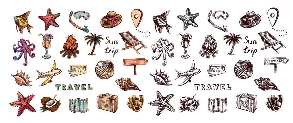Hand drawn sketch set of vintage travel colored and black icons. Tourism and camping adventure icons. Travelling elements, transport, map, palm, seashells.