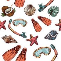 Hand drawn sketch seamless pattern with diving equipment, shells and sea stars, hand drawn. Hand drawn sketch with scuba mask and aquatic underwater. vector