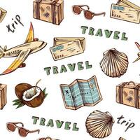 Hand drawn travelling seamless pattern in vintage sketch style, paper map with geolocation mark, letter, plane, lettering. vector