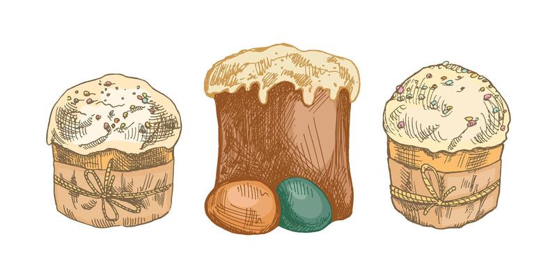 Hand drawn colored vintage sketch of Easter cakes with eggs