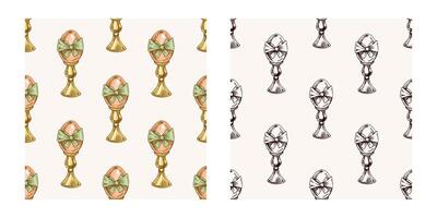 Hand drawn colored and black vintage seamless pattern of Easter eggs in egg cups vector