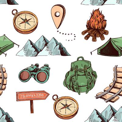Hand drawn sketch travel seamless pattern in vintage style. Tourism and camping adventure drawing. Travelling elements, mountains, campfire, backpack, binoculars, compass, tent.