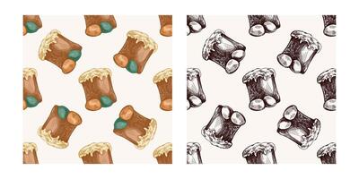 Hand drawn vintage colored and black seamless pattern of Easter cakes and eggs vector