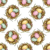 Hand-drawn vintage seamless sketch pattern of Easter decorative nest with eggs. Easter Holiday. illustration. vector