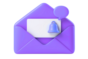 Notification bell icon on envelope for new email inbox message 3D rendering png