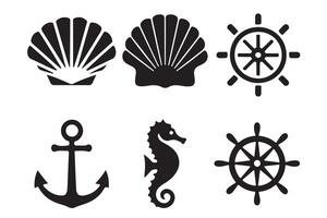 Set of Nautical Icons in Simple Black Silhouette vector