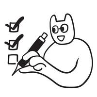 black and white cat's character write check marks icon vector