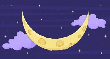 Crescent moon floating in starry night sky with clouds flat illustration background. Magical celestial. Dreamy lunar twinkling stars nighttime 2D cartoon backdrop. Colorful scene art image vector