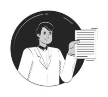 Young indian office worker presenting document doodle linear character. Smiling business man proposal delivering 2D outline person avatar isolated. Hand drawn drawing illustration monochrome vector