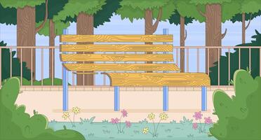 Empty wooden bench in serene forest park flat illustration background. Peaceful solitude. Outdoor calm scenery, greenery trees curved seating 2D cartoon backdrop. Colorful scene art image vector