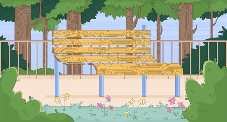 Empty wooden bench in serene forest park flat illustration background. Peaceful solitude. Outdoor calm scenery, greenery trees curved seating 2D cartoon backdrop. Colorful scene art image