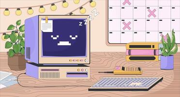 Cozy workspace desk with retro computer lofi wallpaper. Nostalgic tech, calendar marks, PC sleepy zzz, brick phone 2D cartoon flat illustration. art image lo fi aesthetic color background vector