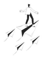 Visionary leader flying forward on paper plane doodle line illustration concept. Business navigation. Strategic direction man ahead 2D outline character isolated. Hand drawn ink metaphor monochrome vector