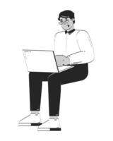 Remote office worker using laptop doodle linear character. call. Middle eastern professional man typing notebook 2D outline person isolated. Hand drawn drawing illustration monochrome vector