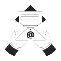 Hands holding open email envelope with document doodle outline illustration. Digital correspondence and communication mail 2D drawing sketch isolated on white. Monochrome clip-art handdrawn vector