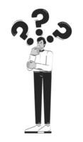 Indian corporate man pondering with question marks doodle linear character. Problem solving. Professional struggle 2D outline person isolated. Hand drawn drawing illustration monochrome vector