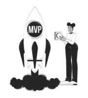 Female entrepreneur launching MVP startup rocket doodle line illustration concept. Start-up founder pressing button minimum viable product 2D outline character isolated. Hand drawn metaphor monochrome vector