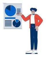 Hispanic male employee presenting pie charts and data visualization 2D doodle character. Professional analyst cartoon person drawing isolated on white. Hand drawn illustration colorful vector