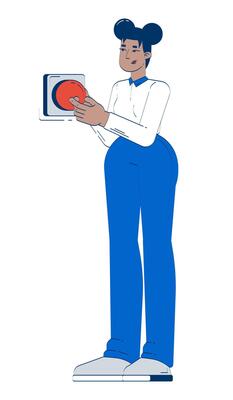 Business black woman pressing red action button 2D doodle character. African american corporate leader initiating project cartoon person drawing isolated on white. Hand drawn illustration