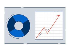 Business analytics dashboard with chart and graph 2D doodle object. Data analysis. Piechart, upward trend cartoon element flat clipart isolated on white background. Hand drawn illustration vector