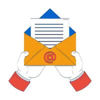 Hands holding open email envelope with document doodle cartoon illustration. Digital correspondence and communication mail 2D drawing isolated on white background. Editable hand-drawn clipart vector