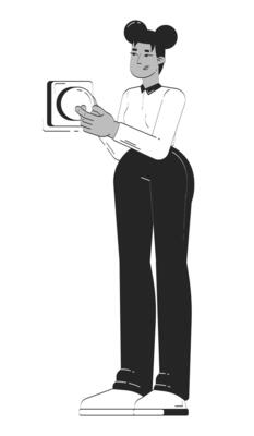 Business black woman pressing action button doodle linear character. African american corporate leader initiating project 2D outline person isolated. Hand drawn drawing illustration monochrome