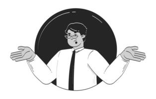 Confused arab businessman expressing uncertainty doodle linear character. Middle eastern business man shrugging 2D outline person avatar isolated. Hand drawn drawing illustration monochrome vector