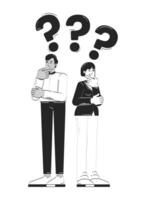 Looking for business solution doodle line illustration concept. Corporate dilemma doubts. Thoughtful businesspeople question marks 2D outline characters isolated. Hand drawn ink metaphor monochrome vector