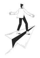 Confident business man riding forward on large paper plane doodle linear character. Freedom, career progression. Manager 2D outline person isolated. Hand drawn drawing illustration monochrome vector