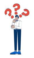Indian corporate man pondering with question marks 2D doodle character. Problem solving. Professional struggle cartoon person drawing isolated on white. Hand drawn illustration colorful vector