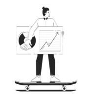 Businessman rides skateboard with data dashboard doodle line illustration concept. Agility analytics skateboarder. Business man skater 2D outline character isolated. Hand drawn ink metaphor monochrome vector