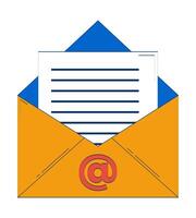 Open envelope with email document 2D doodle object. Mail marketing. Digital communication, newsletter cartoon element flat clipart isolated on white background. Hand drawn illustration vector